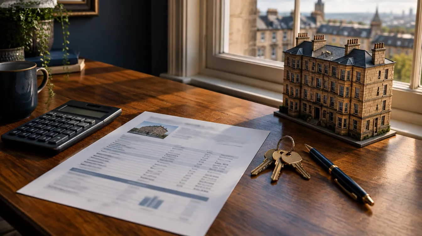 A calculator, a purchase statement, house keys and a model sandstone tenement on a desk by a window