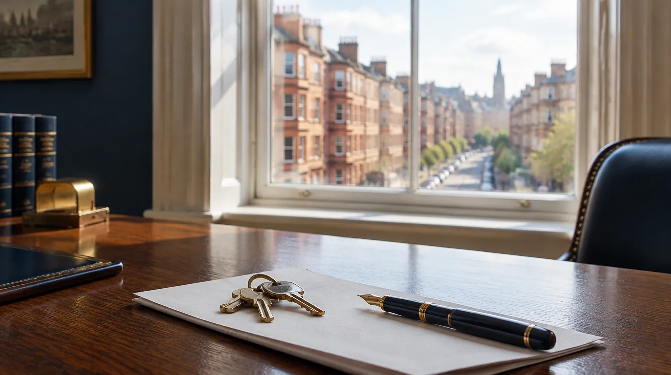 A solicitor's desk with house keys and a legal document, with a Glasgow sandstone street visible through the window