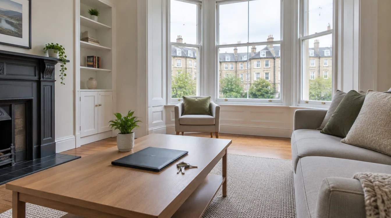 A freshly painted tenement living room with a bay window, prepared for new tenants, with keys and a folder on the coffee table