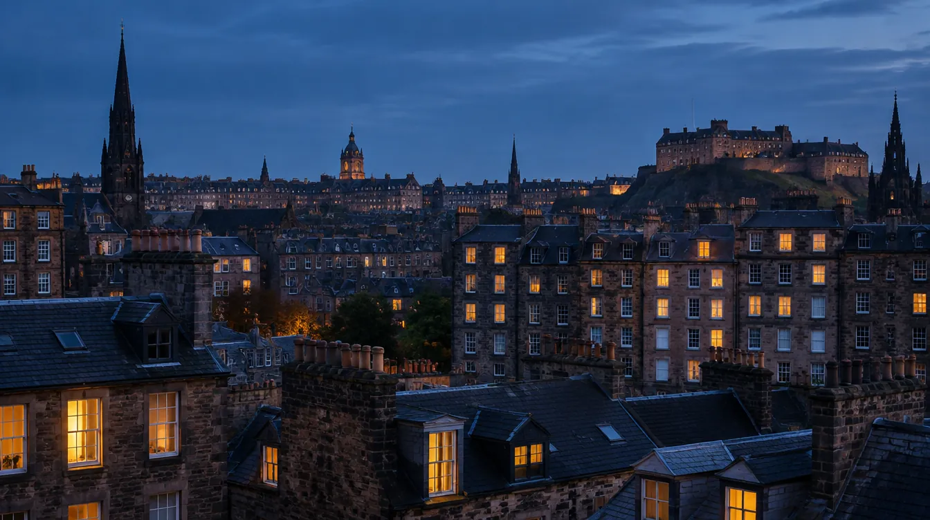Edinburgh Old Town tenements at dusk with lights on in many rented flats