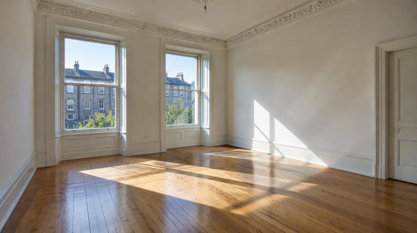 An empty unfurnished room in a Scottish tenement flat with sunlight on bare floorboards