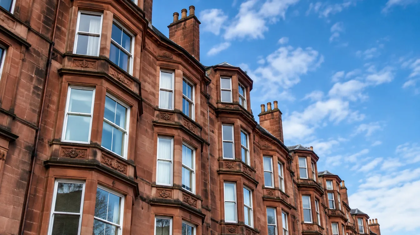 Looking up at a Glasgow West End red sandstone tenement with bay windows against a blue sky