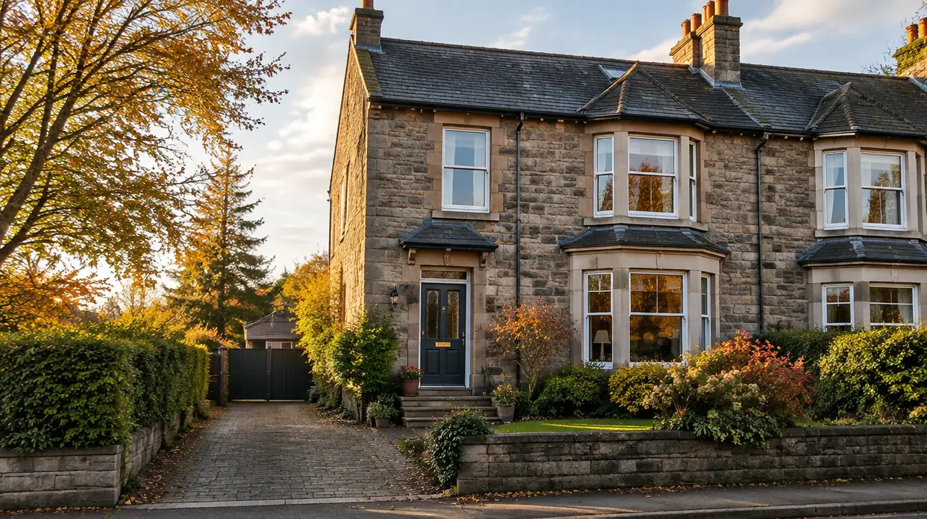 A well kept stone semi-detached house in a leafy Scottish suburb in autumn