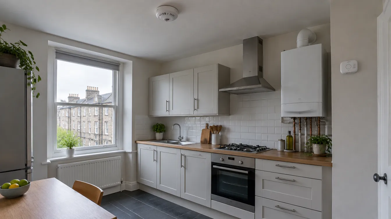 A kitchen in a Scottish rental flat with a ceiling heat alarm and a carbon monoxide alarm near the boiler