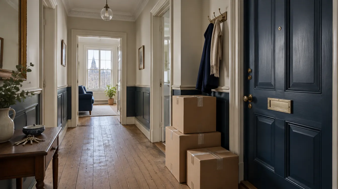 Hallway of an Edinburgh tenement flat on moving day with boxes stacked by the front door