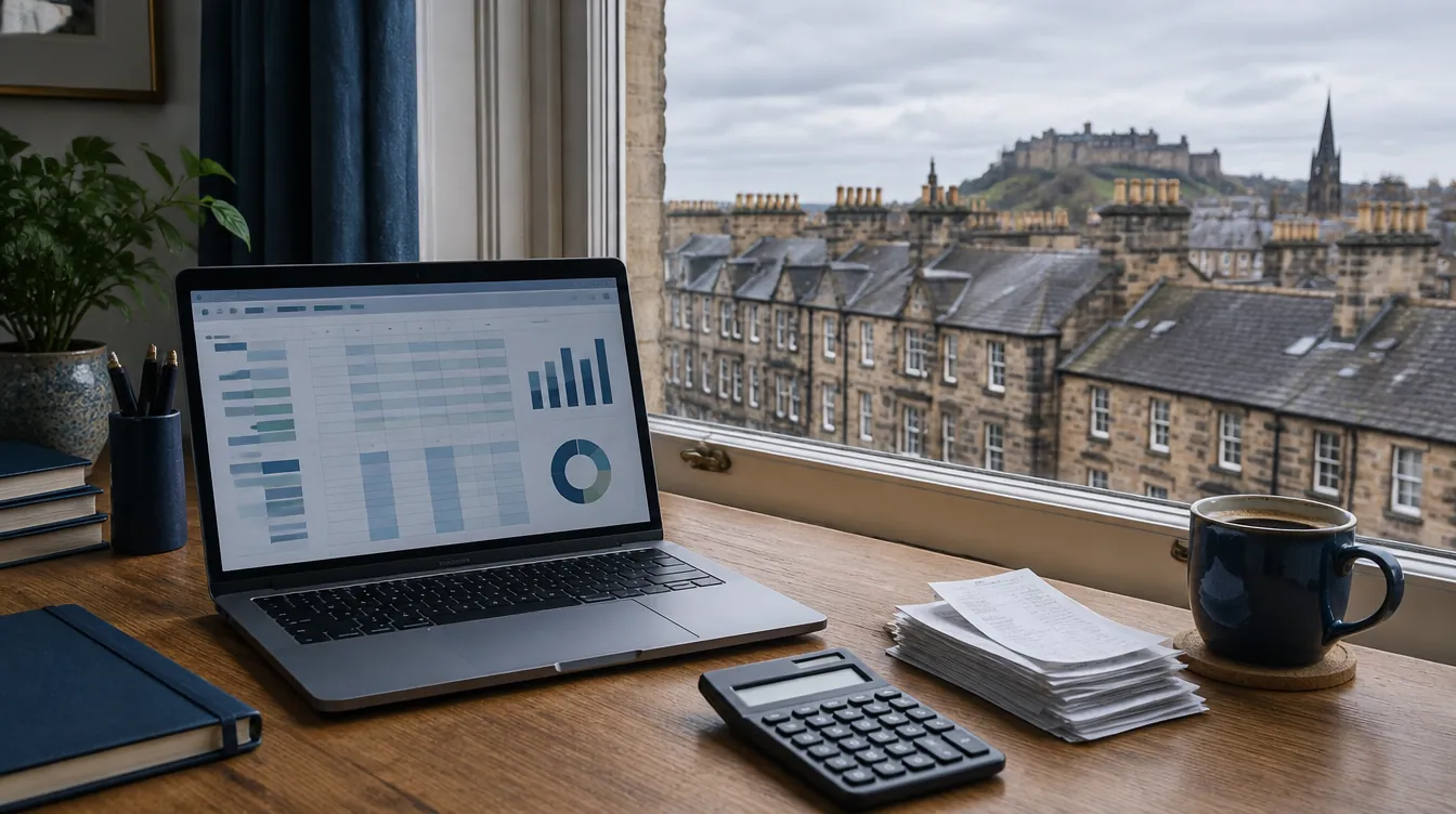 A landlord's desk with a laptop, calculator and receipts overlooking Edinburgh rooftops